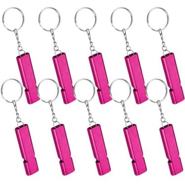 Imagem de 10 apitos de emergência de sobrevivência com chaveiros, apitos de segurança de metal de alumínio, apitos altos de alta frequência de tubo duplo para aventuras ao ar livre, acampamento, caminhada, caça