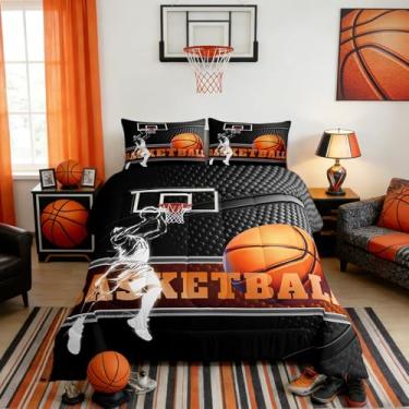 Imagem de Conjunto de edredom para decoração de basquete, tamanho casal, 3 peças, para crianças, meninos, adolescentes e adultos, conjunto de edredom com estampa de listras abstratas e 2 fronhas