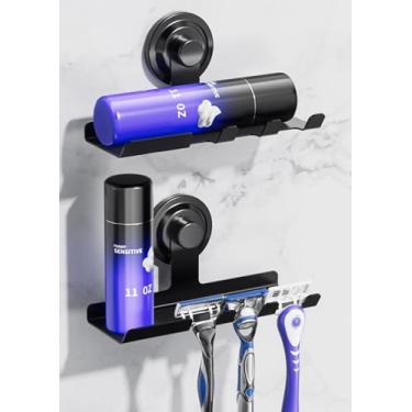 Imagem de DAOYA 2 pacotes de suporte de lâmina com ventosa – organizador de barbear preto com 3 ganchos e prateleira para creme de barbear, gancho de sucção para lâminas, toalha, esponja – suporte adesivo forte