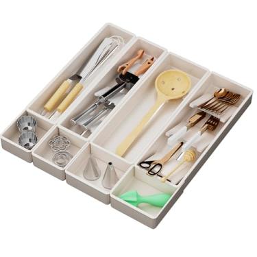 Imagem de MODRACKLY Organizador de gavetas de talheres com painel expansível e divisórias removíveis – serve para gavetas de cozinha de 39,8 cm a 53,8 cm, solução de armazenamento de utensílios que economiza