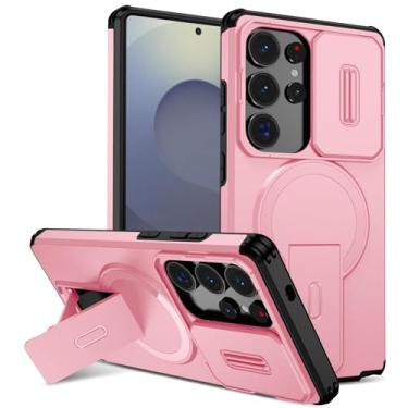 Imagem de POYUFRG Capa magnética para Samsung Galaxy S26 Ultra/S26 Plus/S26, capa fosca à prova de choque com capa de proteção para câmera com suporte dobrável, rosa, S26 Ultra