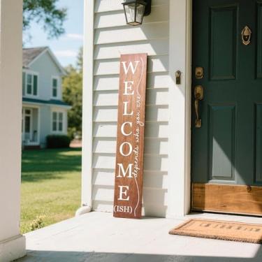 Imagem de Hentonwell Decoração de placa de madeira para alpendre de boas-vindas, placas decorativas de varanda rústica, placas verticais para porta da frente, decoração de boas-vindas interna de casa de fazenda