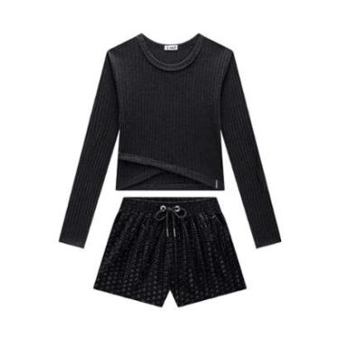 Imagem de Conjunto Blusa Cropped e Short Preto Metalizado Nina Go-Feminino