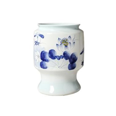 Imagem de KEG801302 Vaso de flores de cerâmica de alta temperatura Jingdezhen com pés altos azul a0nd porcelana branca pintada à mão para vaso de plantas