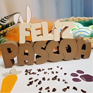 Imagem de Letreiro "Feliz Páscoa" Marrom Claro com Orelhinha – Decoração Charmosa em PLA