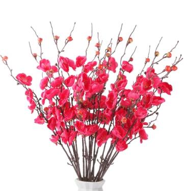 Imagem de GrainBuds Ramos de cerejeira flores artificiais para decoração interna de outono Winte, plantas de pêssego falsas para casamento, casa, escritório, quarto, festa (vermelho rosa, 56 cm)