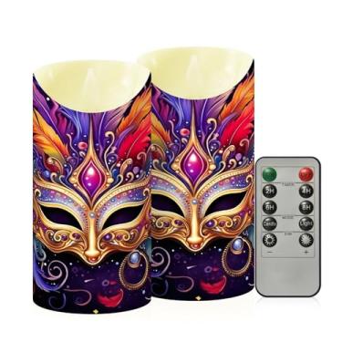 Imagem de Wassud Pacote com 2 máscaras coloridas de carnaval velas sem chama com controle remoto, velas realistas cintilantes com temporizador, velas decorativas para Natal, casamento, festa, decoração de casa