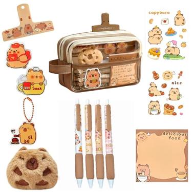 Imagem de IN Chenthy Kit de bolsa de capivara Kawaii, conjunto de papelaria capivara, estojo de lápis fofo com boneca, bloco de notas, pingente, adesivos, alfinete, clipe de diário + canetas, Marrom