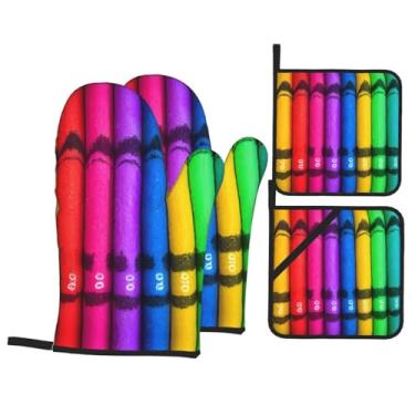 Imagem de Conjunto de luvas de forno impressas com giz de cera colorido, conjunto de 4 peças adequado para grelhar, cozinhar e assar