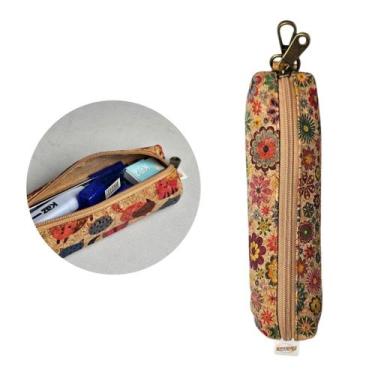 Imagem de Estojo Escolar Floral Cortiça Organizador Zíper Volta Aulas Marrom Fof