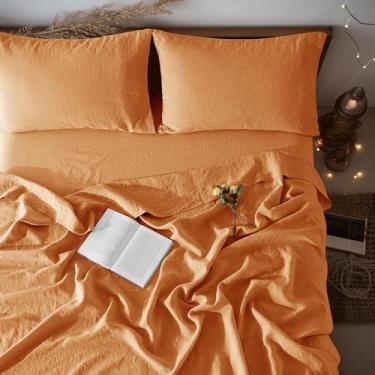 Imagem de LBRO2M Jogo de lençol 100% linho com bolso profundo de 40,6 cm, conjunto de lençóis de cama de 4 peças, lençóis de linho natural de cor lisa, macio, respirável, todas as estações (king, laranja)