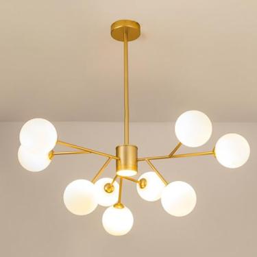 Imagem de Lustre de interior com globo de vidro branco, lustre moderno dourado para teto, ideal para sala de jantar, sala de estar, quarto, cozinha e escritório (diâmetro da haste: 10 cm + 20 cm + 30