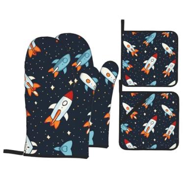Imagem de Conjunto de luvas de forno impressas com direção de lançamento de foguete de desenho animado, conjunto de 4 peças adequado para grelhar, cozinhar e assar