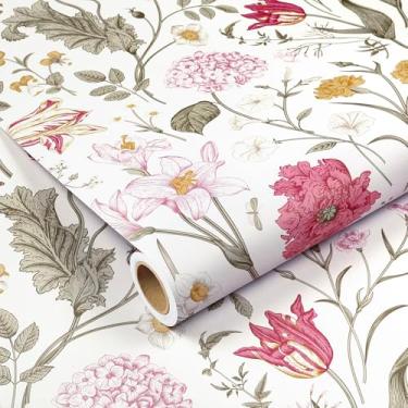 Imagem de Decotalk Papel de parede floral rosa pêssego descasque e cole vintage flores silvestres rosa papel de parede botânico para banheiro meninas quarto 45 x 304 cm papel de contato floral removível para