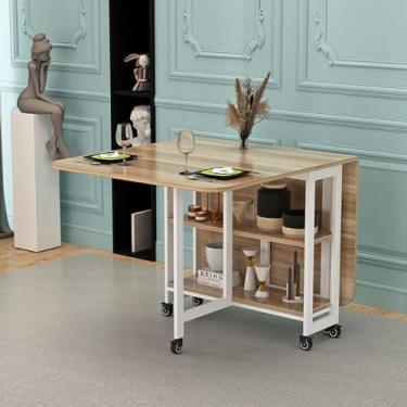 Imagem de Mesa de jantar dobrável, mesa de jantar dobrável, mesa de jantar de madeira com 6 rodas, 2 prateleiras de armazenamento abertas, mesa de cozinha extensível móvel para economia de espaço (cor: estilo 1