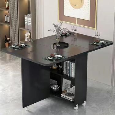 Imagem de Mesa de jantar dobrável extensível de folhas dobráveis, mesa dobrável moderna, mesa de jantar com 8 rodas e prateleira de armazenamento de 2 camadas, mesa expansível multifuncional para cozinha
