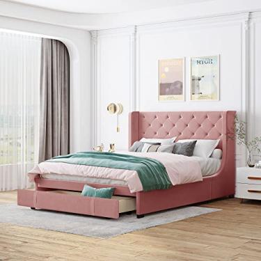 Imagem de Cama de armazenamento estofada de veludo Queen Size com cabeceira de asas, gaveta grande, sem necessidade de mola box, cinza (rosa queen)