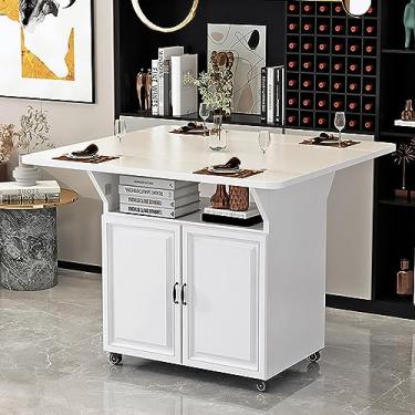 Imagem de Mesa de jantar dobrável, mesa de jantar de folha suspensa com rodas traváveis, mesa de jantar extensível com economia de espaço com armazenamento, mesa de cozinha para espaços pequenos (cor: bianco,