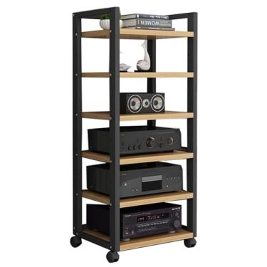 Imagem de Prateleira de canto com suporte de mídia AV de 6 camadas, rack de áudio para armário de armazenamento de componentes estéreo de entretenimento multifuncional com prateleiras de madeira ajustáveis de