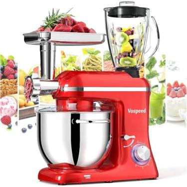 Imagem de Batedeira elétrica multifuncional 9 em 1, 850 W, com tigela de aço inoxidável de 8 litros, jarra de vidro de 1,5 L, moedor de carne, gancho, batedor e batedor lavável na lava-louças (vermelho)