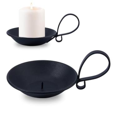 Imagem de DICOSMETIC 2 peças de suporte de vela de ferro preto com alça e ponta de segurança vintage castiçal de metal pilar velas placa de mesa centro de mesa decoração vela suporte de prato para casa