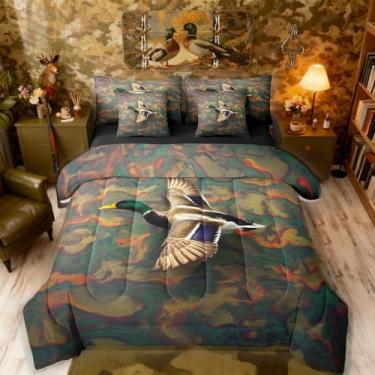 Imagem de Erosebridal Jogo de cama casal e edredom Pato Mallard | Jogo de cama masculino campestre com 7 peças, campo, campo, campo, fazenda, animais da floresta, decoração de caça e cabine de camuflagem