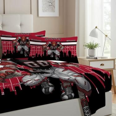 Imagem de Allenjoy Jogo de lençol Atlanta American Football Black Drive com lençol com elástico, lençol de cima e 2 fronhas para meninos, adolescentes e homens, para decoração de quarto, tamanho casal