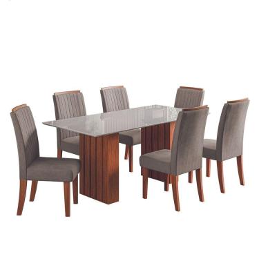 Imagem de Conjunto De Mesa Sala De Jantar Ripada Tampo Com Vidro Santiago 1,80m 6 Cadeiras Grécia Dobuê Madeirado Mascavo