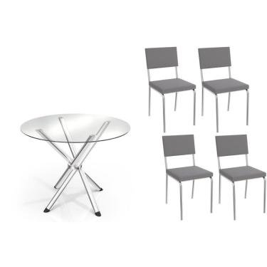 Imagem de Conjunto: Mesa Sala Jantar Volga C- Tampo De Vidro 95cm E 4 Cadeiras Zaria Cromada - Suede Cinza - Kappesberg