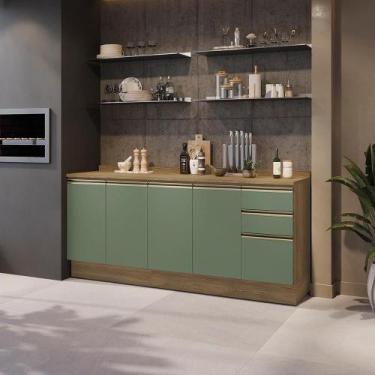 Imagem de Balcões de Cozinha 100% MDF 200cm Nogueira/Verde Celeste Kappesberg