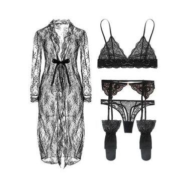 Imagem de Conjunto De Sutiã De Renda Feminino Com Calcinha Sem Bojo E Meias Com 