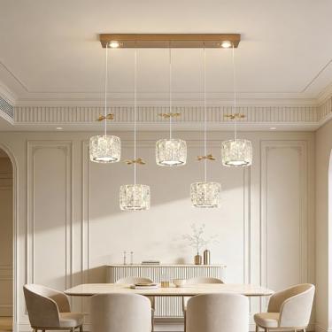 Imagem de Lustre para Sala de Jantar Moderno com Cristal - Luminária Pendente LED com Dimmer para Ilha da Cozinha, Corredor, Área de Lazer e Varanda (5 luz)