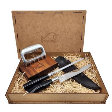 Imagem de Kit para Churrasco com Faca, Chaira e Garra de Urso, Faca e Chaira para Churrasco Inox Artesanal 8" com Cabo de Chifre Torneado e Bainha, Garra de Urso para Churrasco Alumínio – WOODBULL.