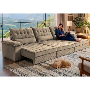 Imagem de Sofá Retrátil E Reclinável 4,20m Com Molas E Espuma D33 Thunder. Velusoft Cama Inbox Bege