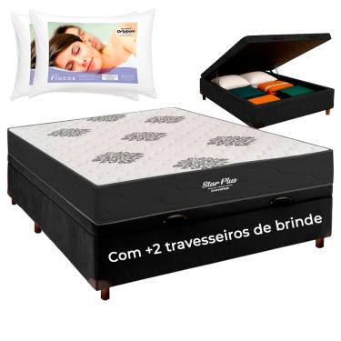 Imagem de Cama Box Bau + Colchão Casal Molas Ensacadas Star Plus e 2 Travesseiros Ortobom
