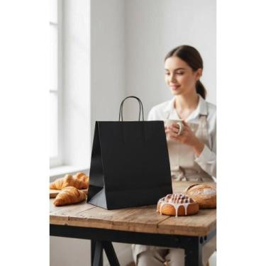 Imagem de 50 Sacolas Papel Kraft G Preta 29x30x19cm C/ Alça Torcida - Congratula