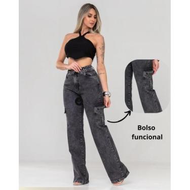 Imagem de Calça Feminina Wide Leg jeans Chumbo-Marmorizada com bolso cargo cintu