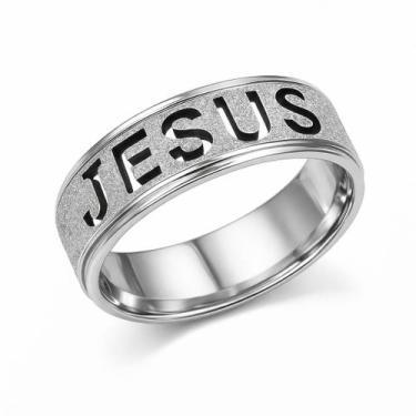 Imagem de Aliança Prata Jesus Brilho Religião 6mm Tradicional Anatomica Tungsten