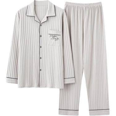 Imagem de Pijama masculino define algodão de manga comprida, manga comprida, tecido de tecido de botão com roupão de banho e calça superior de 3, bege 2,3xl