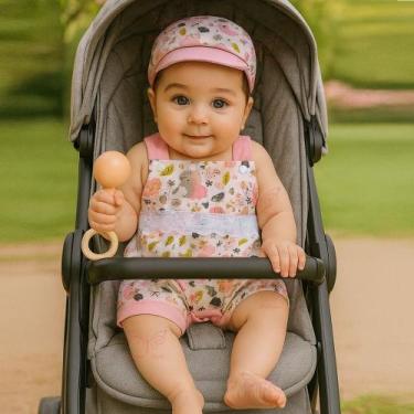 Imagem de Conjunto Macacão + Boné Bebê Menina Jardineira Fofa Estampada Curto Ca