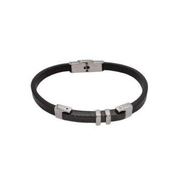 Imagem de Bracelete De Couro Preto 20cm Placa Steel E Detalhes - Rosso Design