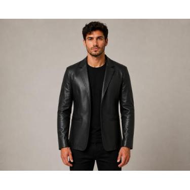 Imagem de Blazer Esporte Fino Masculino Sarja Resinada Preta Luxo Cor:PretoTaman