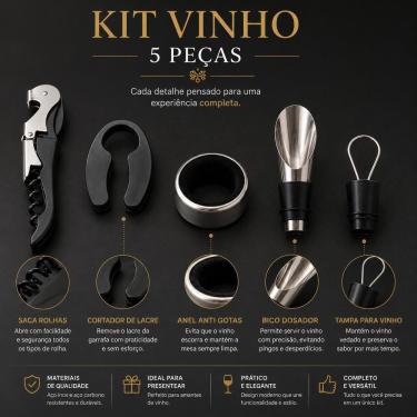 Imagem de Kit Acessórios para Vinho Saca Rolhas 5 Peças em Inox Completo com Corta Lacre Bico Dosador Anti Gotas Aerador