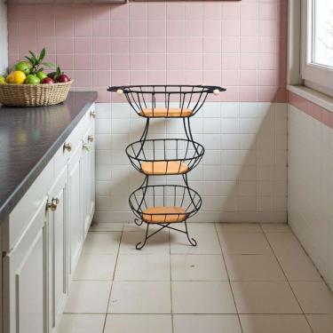 Imagem de Fruteira de Chão 3 Andares em Ferro e Madeira Maciça Design Rústico Industrial para Cozinha Amadeirado Estilo Rústico
