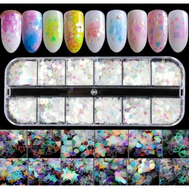 Imagem de Adesivos transparentes com glitter, lantejoulas, sereia, flocos de unhas, CHANGAR circular, estrela, lua, amor, unhas, lantejoulas, holográfico, aurora, glitter, flocos para maquiagem, decoração de unhas faça você mesmo