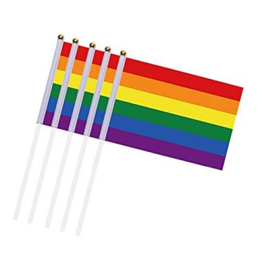 Imagem de 10 bandeira mão arco-íris, bandeira do orgulho gay, mini bandeira arco-íris com mastro, bandeira anti-ultravioleta listra costurada, decorações festa fim ano