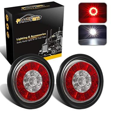 Imagem de Partsam 2 peças 4 polegadas Redondo LED Retrovisor Luzes 16 LED W Ilhós de borracha, Impermeável Selado Redondo Vermelho Parar Trail Corrida Luzes Brancas Reversas Luzes de Reposição para Caminhões RV