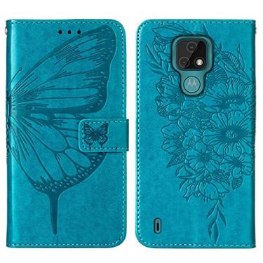 Imagem de Capa flip para Motorola Moto E7, carteira de couro PU em relevo borboleta flor capa de telefone com slots para cartão [recurso de suporte] [alça de pulso] capa protetora flip capa traseira do telefone (cor: azul)
