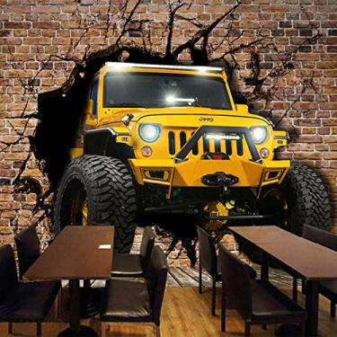 Imagem de Personalização personalizada carro Jeep amarelo parede quebrada tijolo papel de parede restaurante café bar ktv pano de fundo parede mural 3D papel de parede 250 cm (L)×175 cm (A)