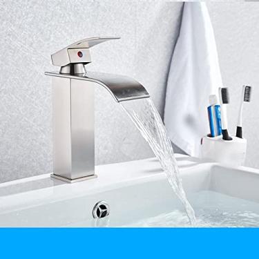 Imagem de Torneira para lavatório em cascata preta fosca Torneira de lavatório de alça única com torneira de guindaste de água quente e fria para lavatório de banheiro Torneira misturadora, curta, escova de níquel